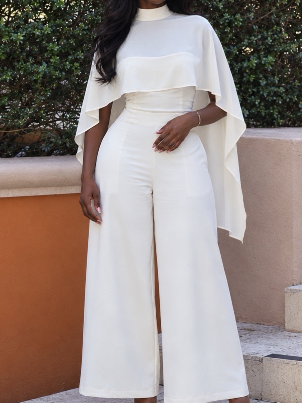 Fashion Nova Cream Wide-Leg Jumpsuit with Cape Overlay
